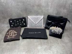 Five Designer-style handbags and clutches.