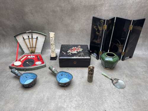 Oriental items including calligraphy set in original case, stone stamp seal, lacquer box, etc.