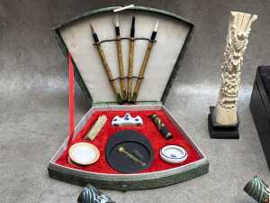 Oriental items including calligraphy set in original case, stone stamp seal, lacquer box, etc. - 2