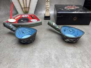 Oriental items including calligraphy set in original case, stone stamp seal, lacquer box, etc. - 3
