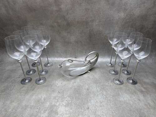 Royal Sleangor pewter 'Vinifera Whale Decanter' and 12 wine glasses