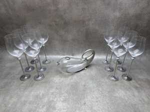 Royal Sleangor pewter 'Vinifera Whale Decanter' and 12 wine glasses