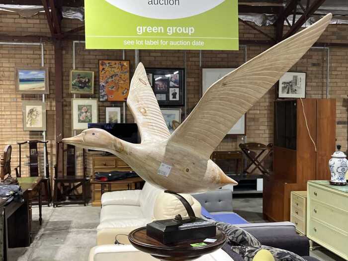 Decorative whitewashed timber figure of a duck in flight (or take off!)