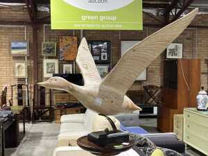 Decorative whitewashed timber figure of a duck in flight (or take off!)