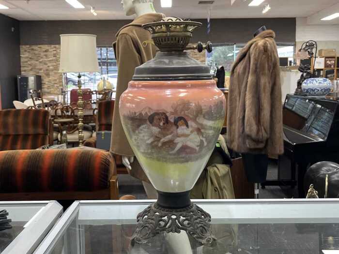 Antique Victorian hand-painted kerosene table lamp