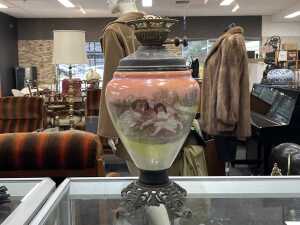Antique Victorian hand-painted kerosene table lamp