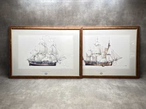 Pair of HM Bark Endeavour after Ross Shardlow framed prints on paper