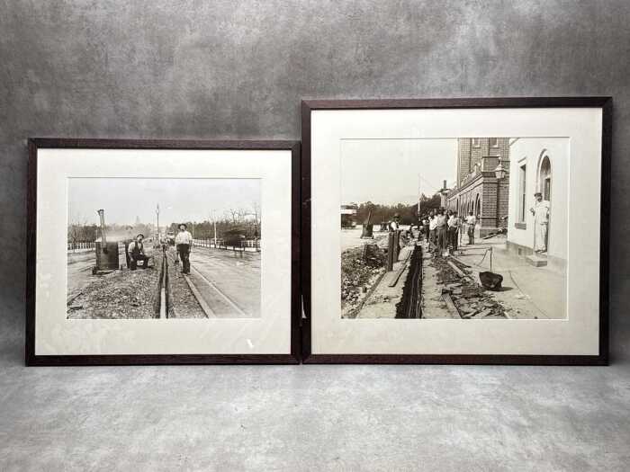 Two Black and white reproductions of early Australian photographs of road builders