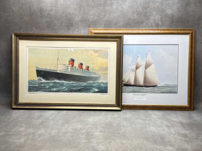 Two framed ship prints on paper