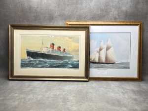 Two framed ship prints on paper