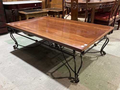 Timber coffee table with wrought iron base