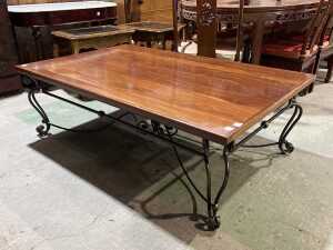 Timber coffee table with wrought iron base