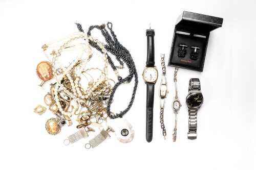 A collection of costume jewellery and watches