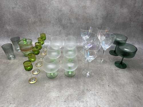 Mainly green-coloured glass stemware