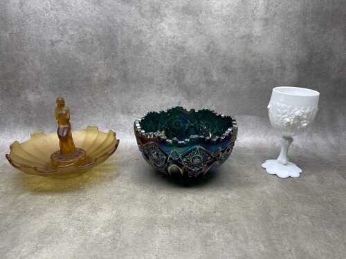 Three vintage pressed glass items