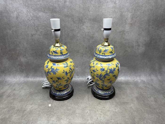 Pair of Chinese-style yellow and blue lamps with fabric shades.
