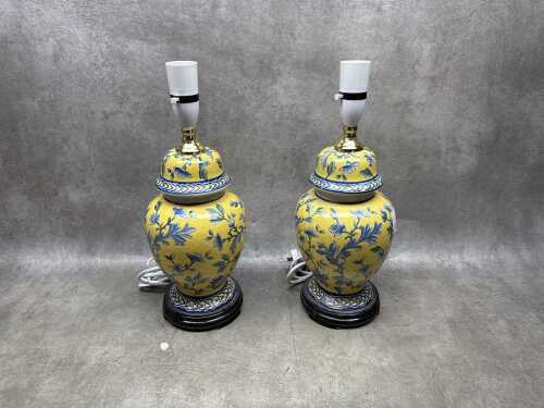 Pair of Chinese-style yellow and blue lamps with fabric shades.