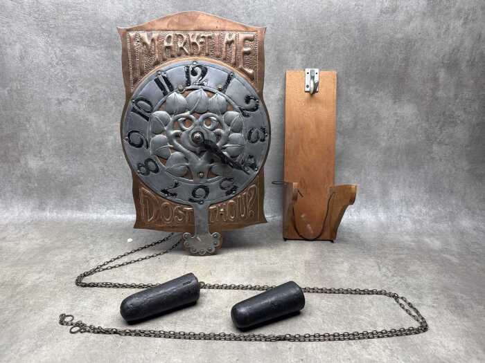 'I Mark Time, Do You?' copper and pewter clock.