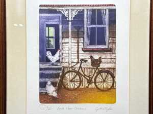 Cynthia Taylor, Back Door Chickens, 2/80. Coloured etching on paper - 2