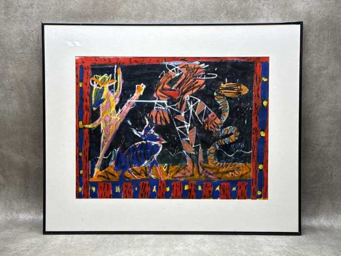 Artist unknown, abstract in black, red and blue. Acrylic painting on paper