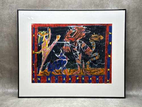Artist unknown, abstract in black, red and blue. Acrylic painting on paper