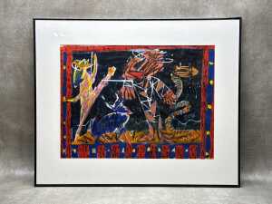 Artist unknown, abstract in black, red and blue. Acrylic painting on paper