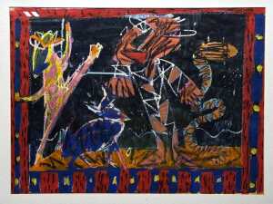 Artist unknown, abstract in black, red and blue. Acrylic painting on paper - 2