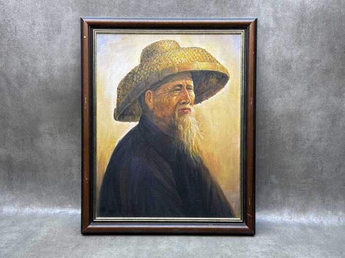 Portrait of an old Chinese man. Oil on board.