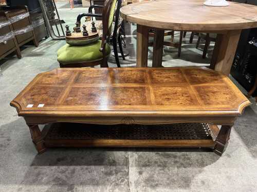 Burr veneer coffee table with cane shelf