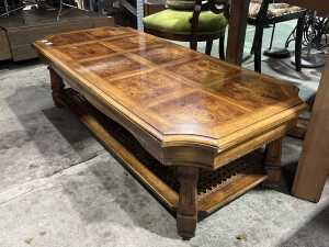 Burr veneer coffee table with cane shelf - 2