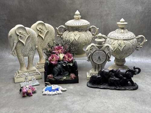 Collection of decorative Elephant figures and vessels