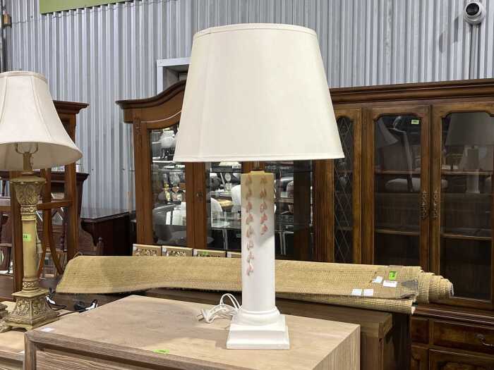 Scat Pottery cream ceramic column table lamp with applied pink leaf design
