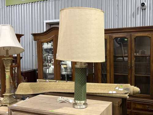 Metal and leatherette green geometric patterned table lamp