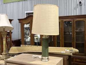 Metal and leatherette green geometric patterned table lamp
