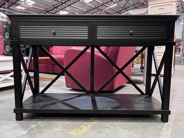 Black modern rectangular console table with cross-braced sides
