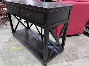 Black modern rectangular console table with cross-braced sides - 2