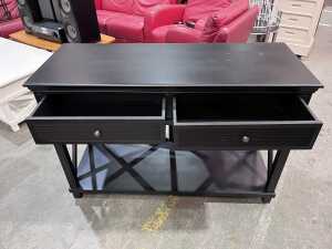 Black modern rectangular console table with cross-braced sides - 3