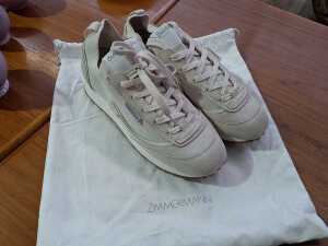 Designer-style retro knit suede runners in cream, size 38 - 2