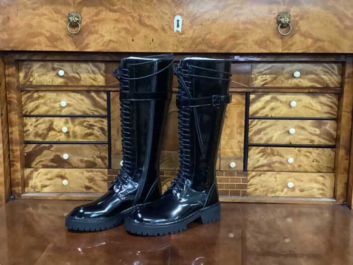 Designer-style patent leather lace-up, side zip boots, size 36