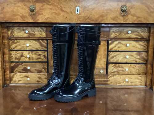 Designer-style patent leather lace-up, side zip boots, size 36