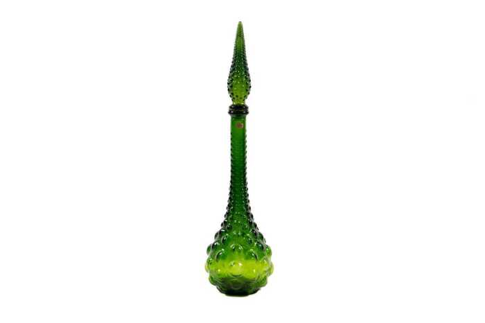 Mid-century Italian green glass hobnail genie bottle