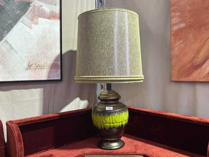 Mid-century ceramic table lamp with bronze and green glaze