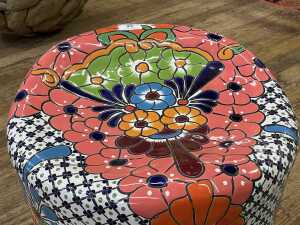 Modern terracotta garden seat with bold glazed floral decoration - 2