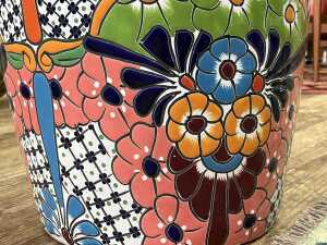 Modern terracotta garden seat with bold glazed floral decoration - 3