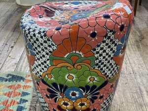 Modern terracotta garden seat with bold glazed floral decoration - 4