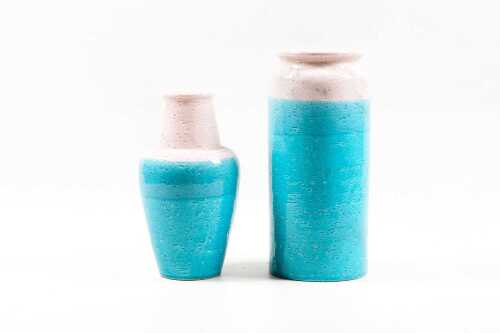 Two Bitossi for Nora Fenton mid-century ceramic vases in blue and pink.