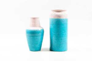Two Bitossi for Nora Fenton mid-century ceramic vases in blue and pink.