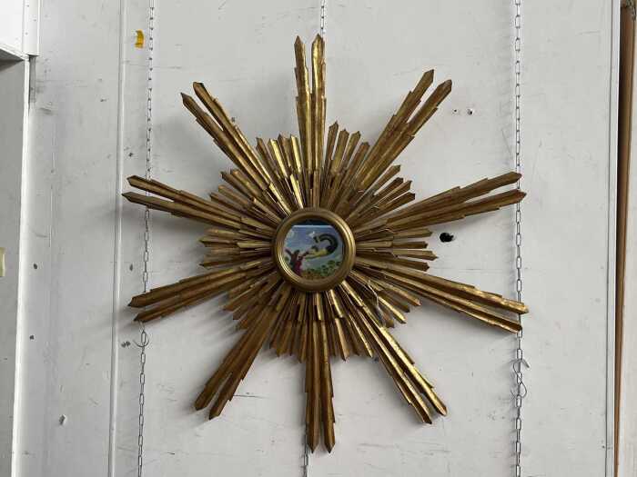 Repurposed ecclesiastical gilded timber sunburst with mirror addition