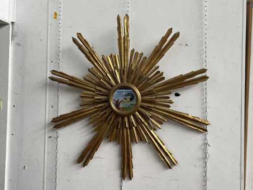 Repurposed ecclesiastical gilded timber sunburst with mirror addition