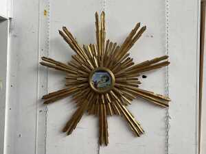 Repurposed ecclesiastical gilded timber sunburst with mirror addition